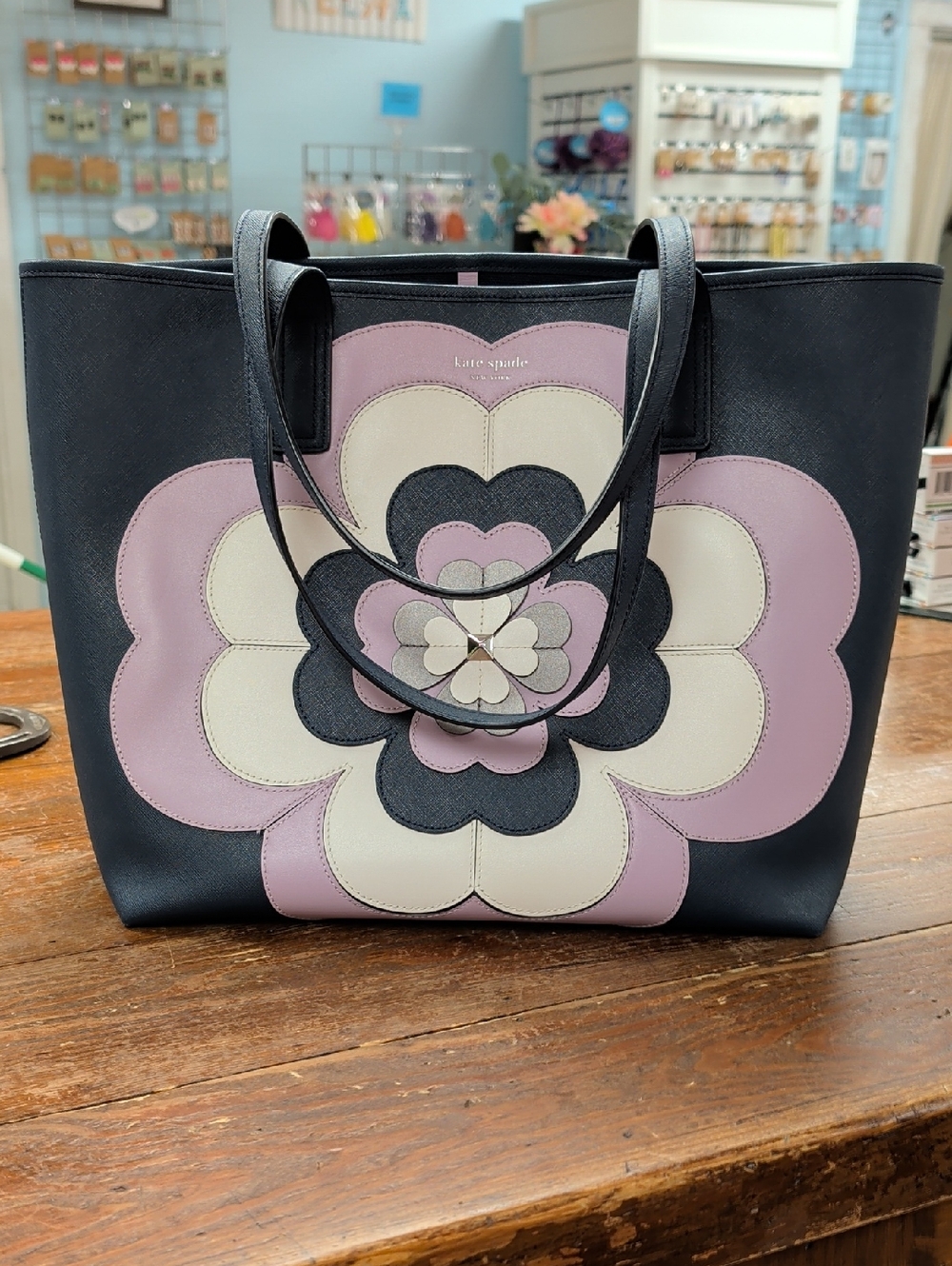 Kate Spade Reiley Navy Tote with Pink and Cream Floral Applique In EUC
